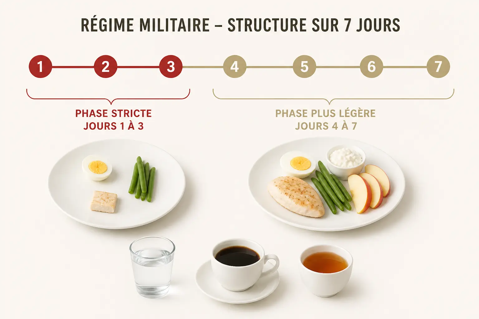 régime militaire perdre 8 kilos en 1 semaine : frise 7 jours, assiettes strictes puis plus complètes, boissons