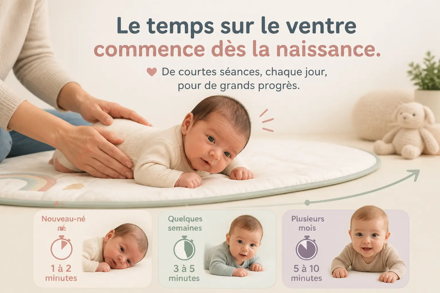 Tummy time dès la naissance : bébé sur le ventre, progression par âge et durée croissante