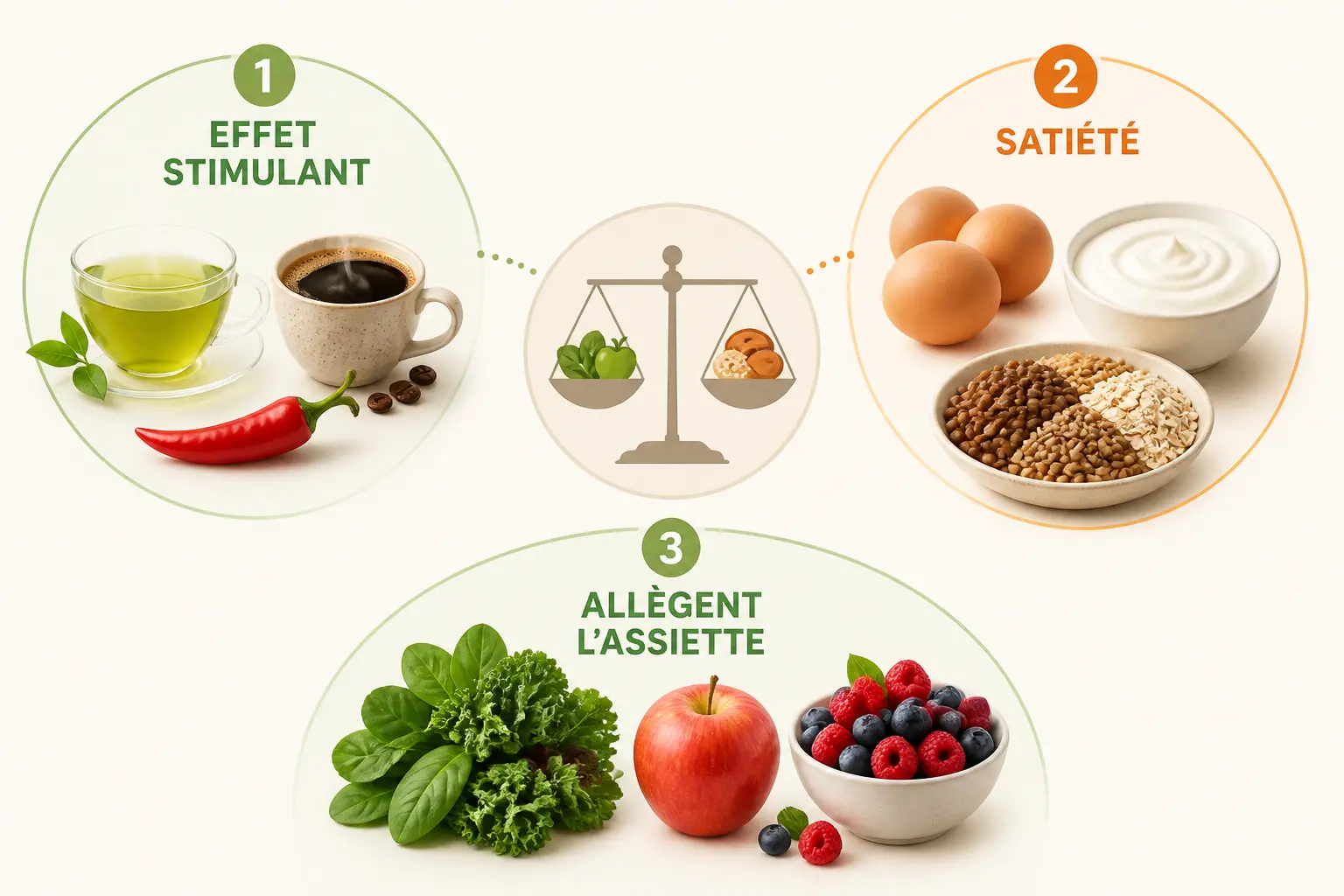 Infographie sur l’aliment brule graisse : thé vert, café, piment, œufs, yaourt, lentilles, flocons, légumes, pomme et baies.