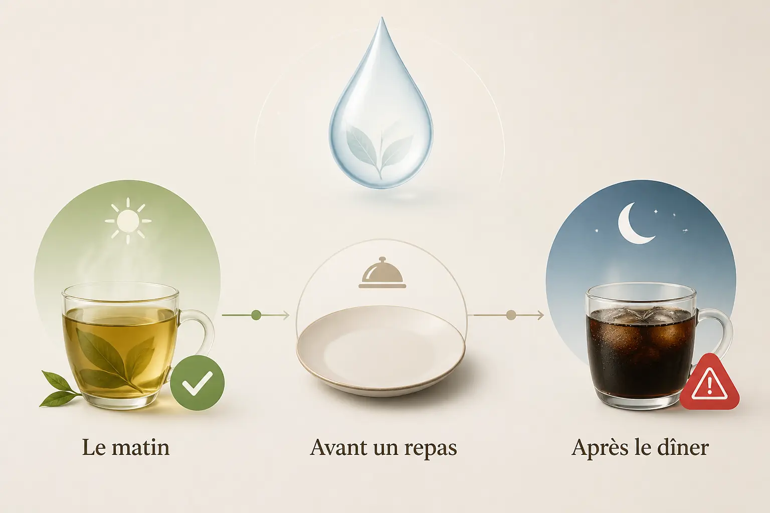 Infographie sur la boisson pour maigrir : matin, avant repas et après dîner, avec repères utile et à éviter.