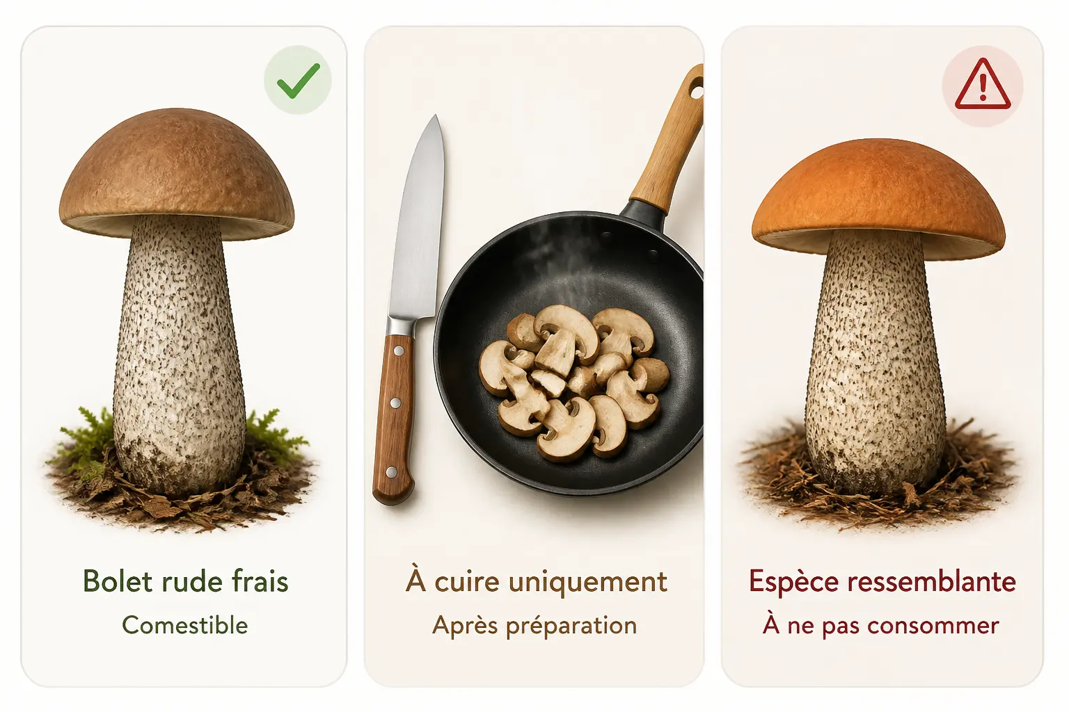 Bolet rude en trois cartes: comestible, préparation en cuisine et sosie à surveiller.