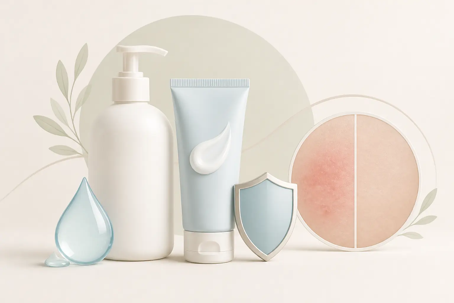 Soins étape par étape pour bouton sur les fesses : nettoyant doux, crème apaisante et protection cutanée.