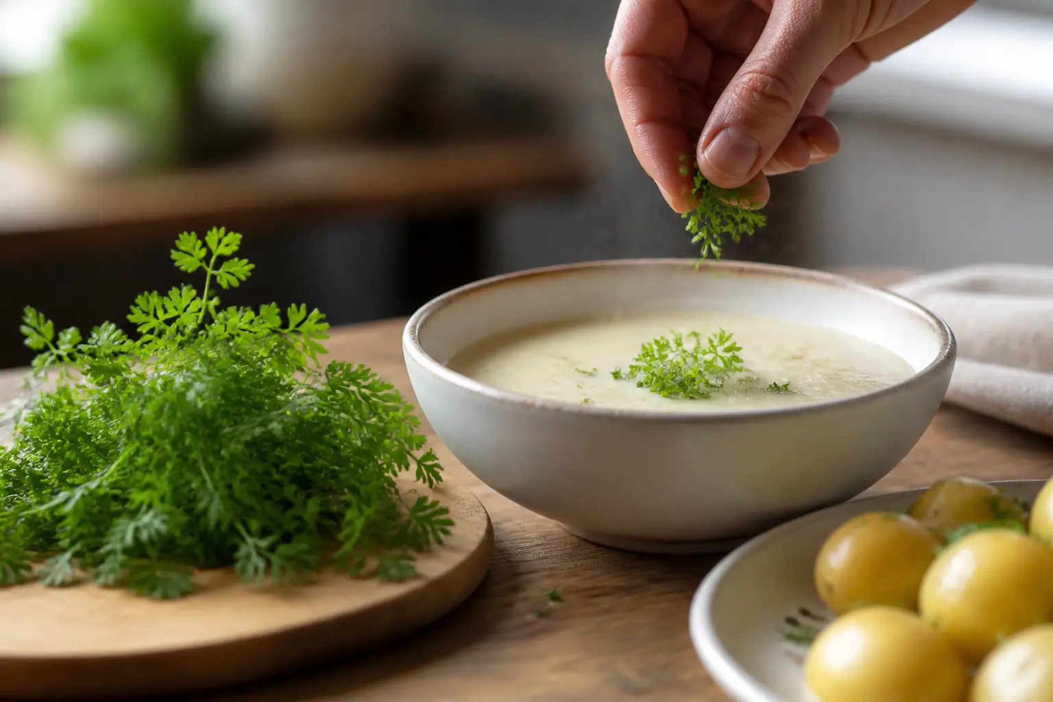 Cerfeuil frais près d’un bol de soupe, ajouté au dernier moment avec pommes de terre en accompagnement.