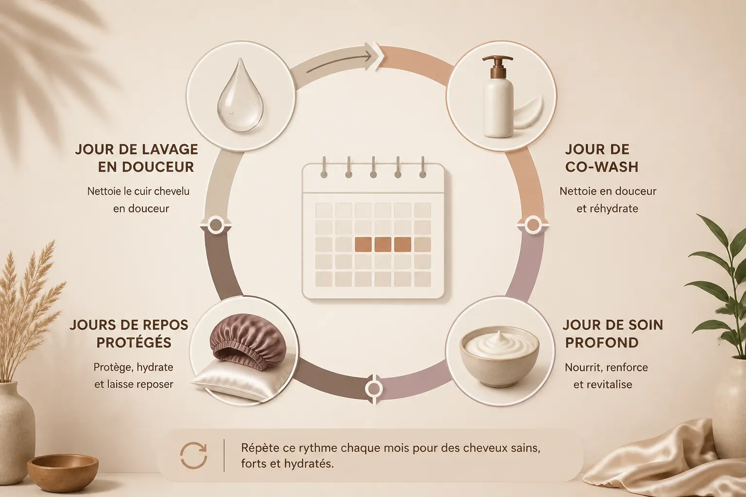 Le bon rythme sur un mois : lavage, co-wash, soins profonds et entretien entre deux jours de soin