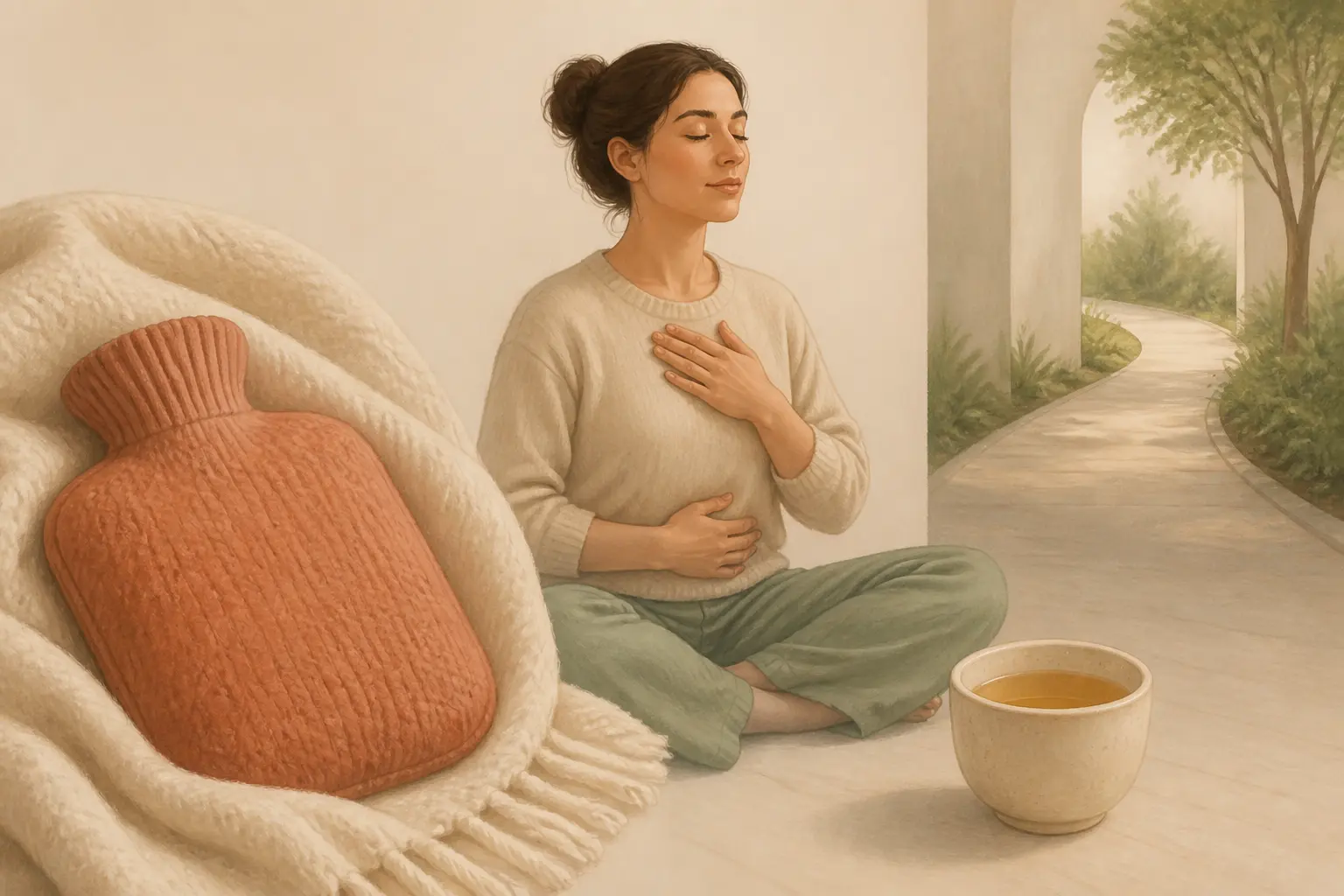 Routine apaisante pour colon irritable remède grand mère : bouillotte, respiration lente, thé et marche douce.