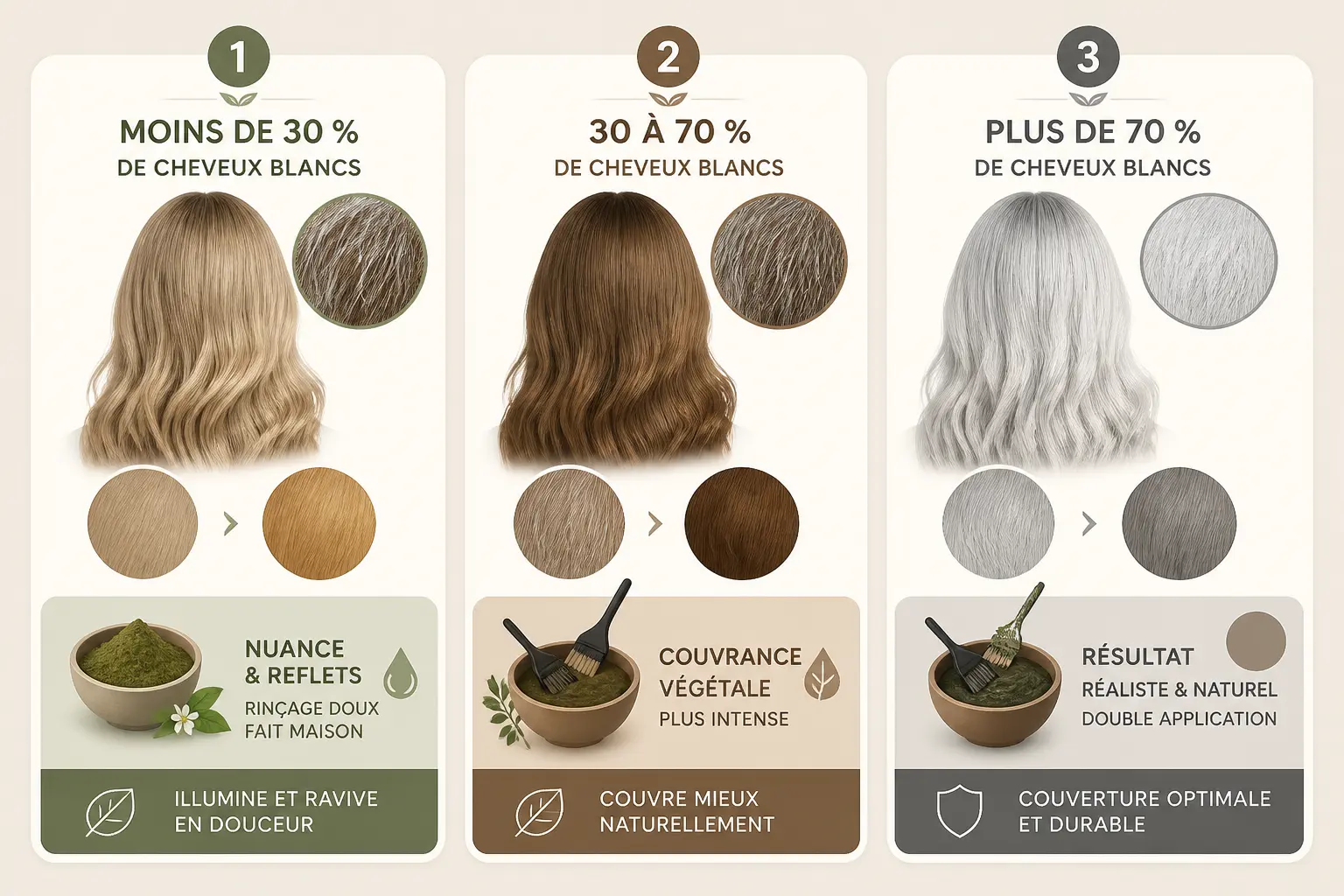 Guide visuel pour colorer les cheveux blancs naturellement selon base et pourcentage de cheveux blancs.