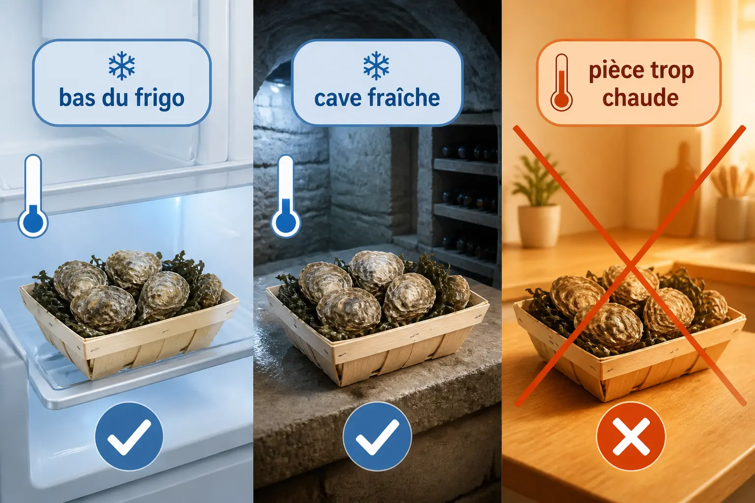 Conservation huitres : comparaison du bas du frigo, d’une cave fraîche et d’une pièce trop chaude.