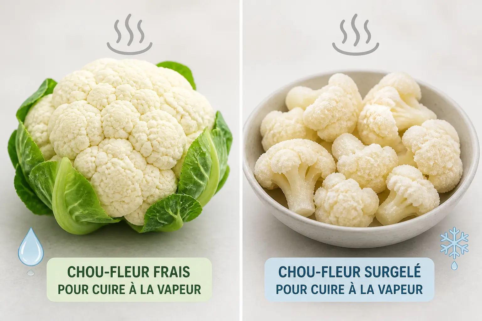Cuisson vapeur chou fleur : comparaison entre chou-fleur frais et surgelé, avec vapeur et humidité visibles.