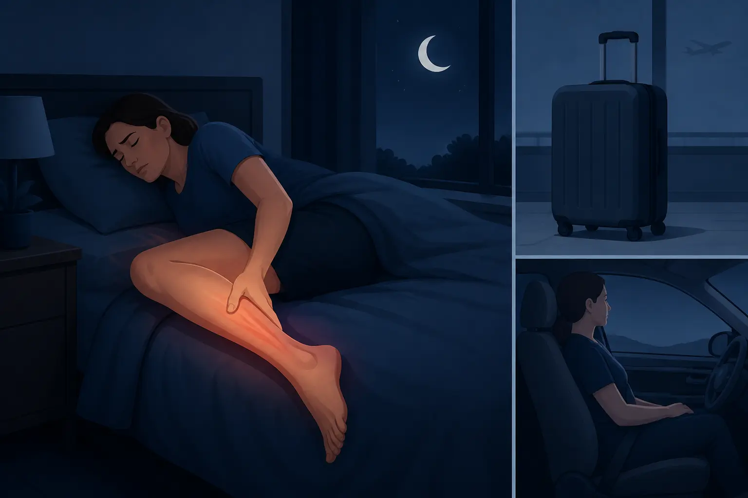Douleur mollet gauche au repos la nuit, jambe éclairée dans un lit avec lune et contexte de voyage.