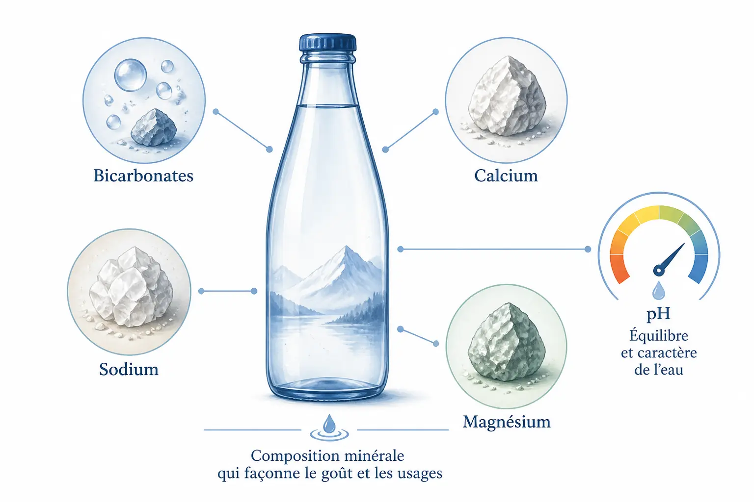 Eau de vichy : schéma minimaliste des bicarbonates, sodium, calcium, magnésium et du pH.