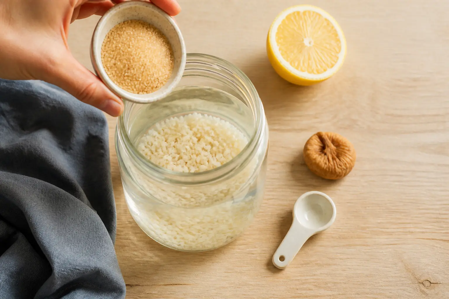 Faire du kefir : ingrédients pour kéfir de fruits sur table en bois, avec bocal, citron, figue et sucre