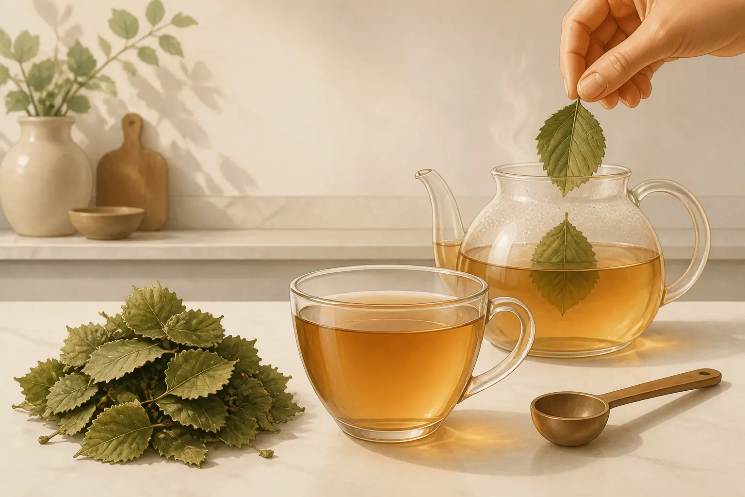 Feuille de noisetier en infusion dans une tasse transparente, avec théière et cuillère sur un plan de cuisine.
