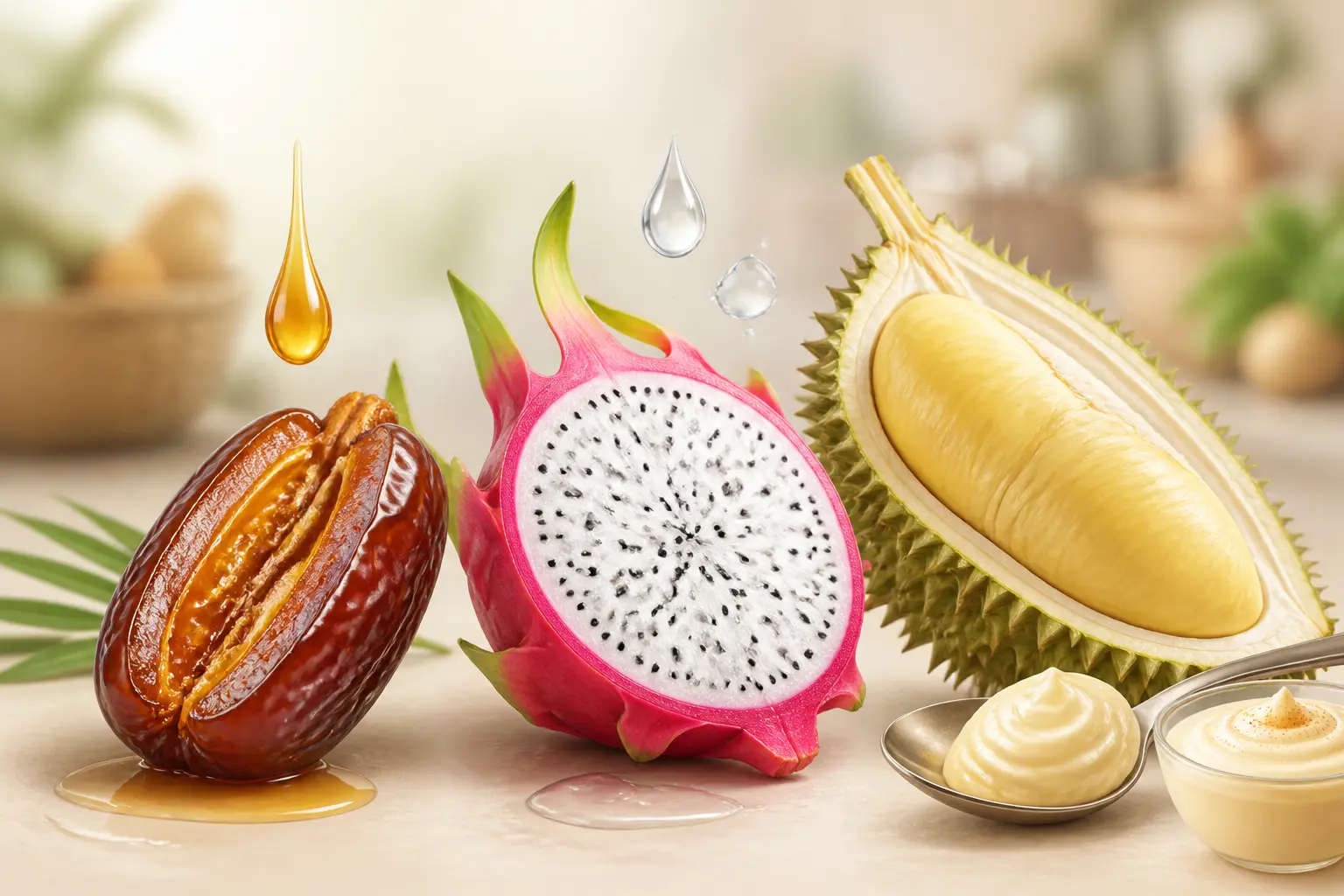 Fruit en d : datte, pitaya et durian en illustration gourmande avec indices de goût et d’usage.