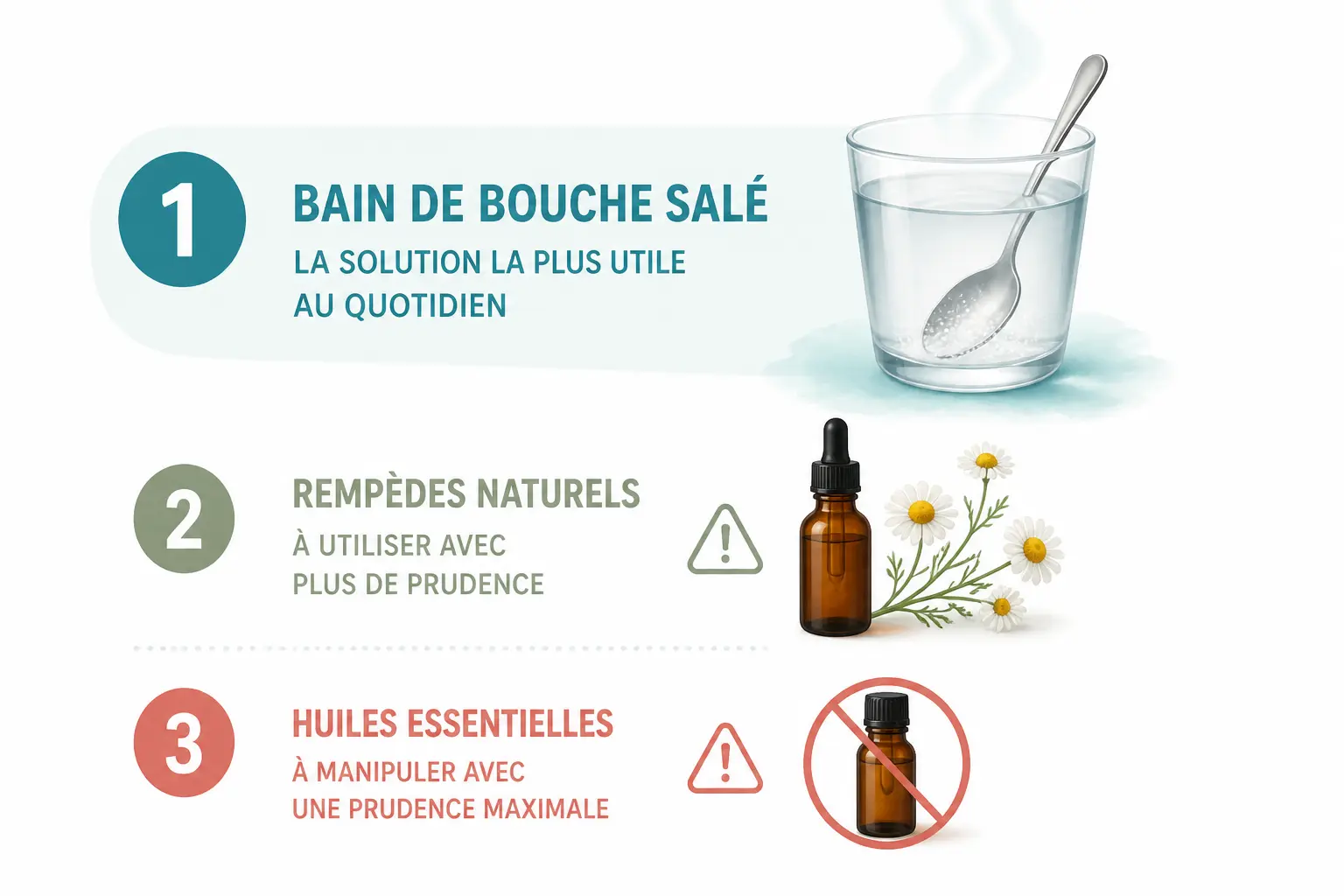 Gingivite traitement naturel : bain de bouche salé, prudence avec camomille et huiles essentielles.