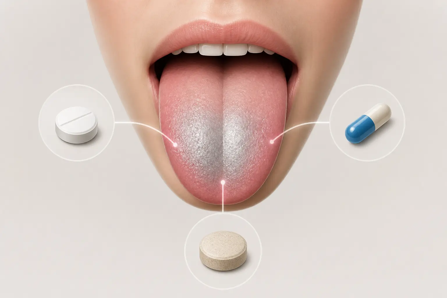 Bouche et langue avec reflet métallique, entourées d’un comprimé, d’une gélule et d’un complément liés au gout métallique dans la bouche.