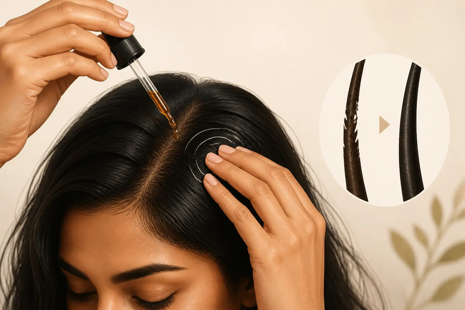 Massage du cuir chevelu avec huile de nigelle pour les cheveux, gouttes d’huile ambrée et mèches saines