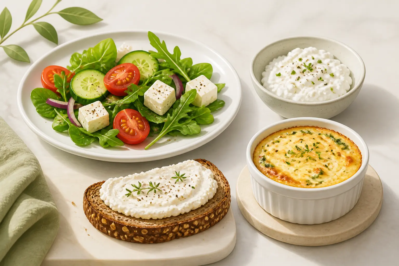 Le fromage le moins calorique illustré en portions légères : feta, fromage de chèvre, cottage cheese et plat gratiné.