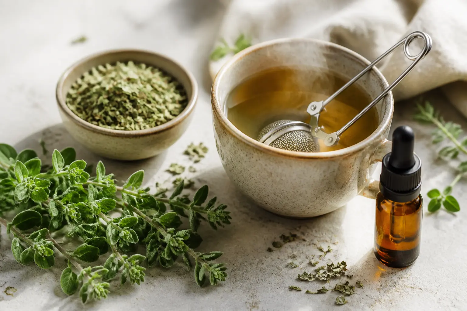 Marjolaine au quotidien : bol de feuilles séchées, brin frais, tisane fumante et flacon d’huile essentielle.