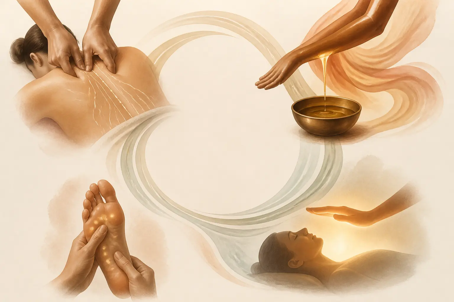 Illustration de massage energetique : shiatsu, ayurvédique, Reiki et réflexologie selon le besoin.