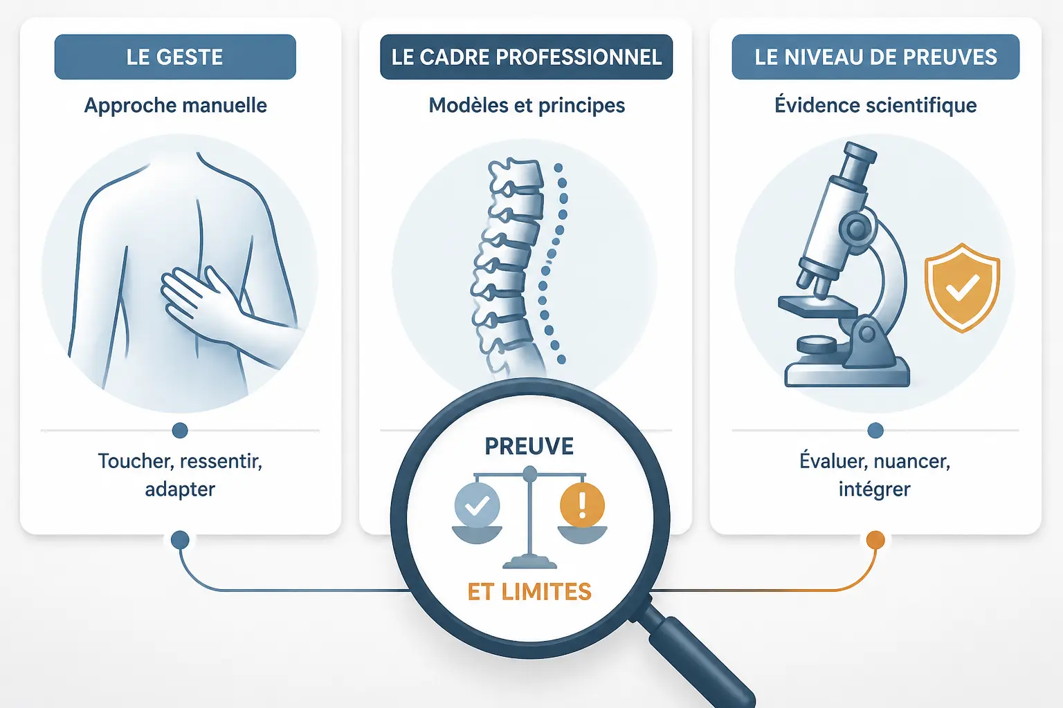Microkinésithérapie comparée à la kinésithérapie et à l’ostéopathie, avec repères sur preuves et limites.