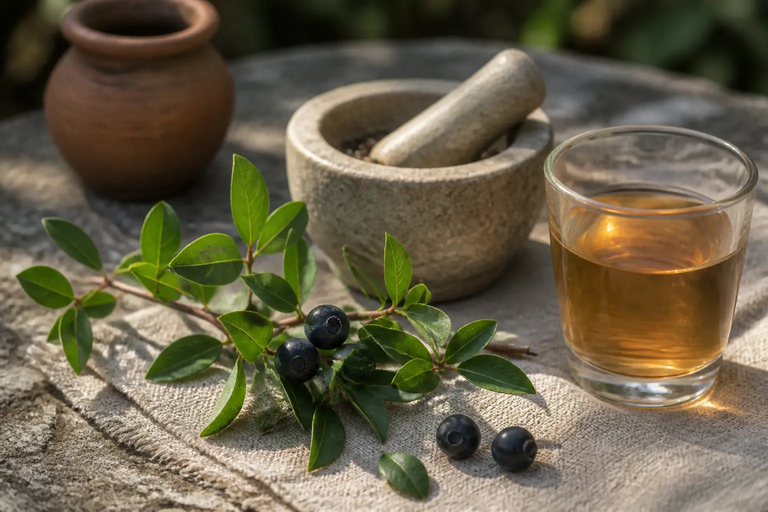 Branche de myrte, baies, infusion et mortier sur pierre méditerranéenne, usage quotidien