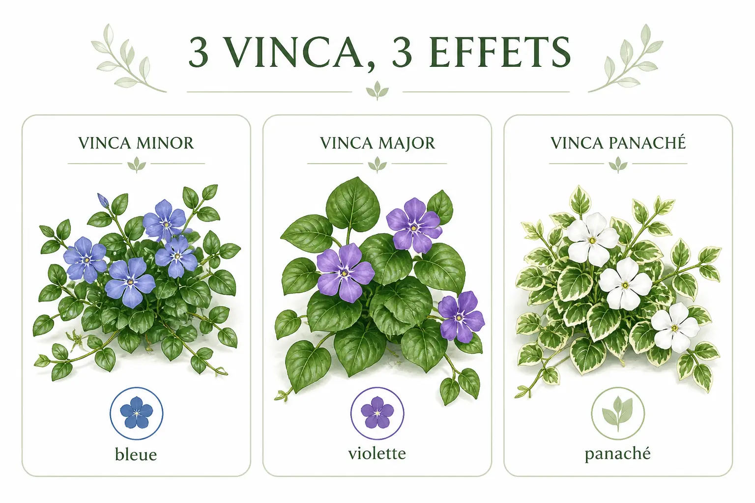 Infographie sur la pervenche : trois variétés, bleue, violette et panachée, en cartes comparatives.