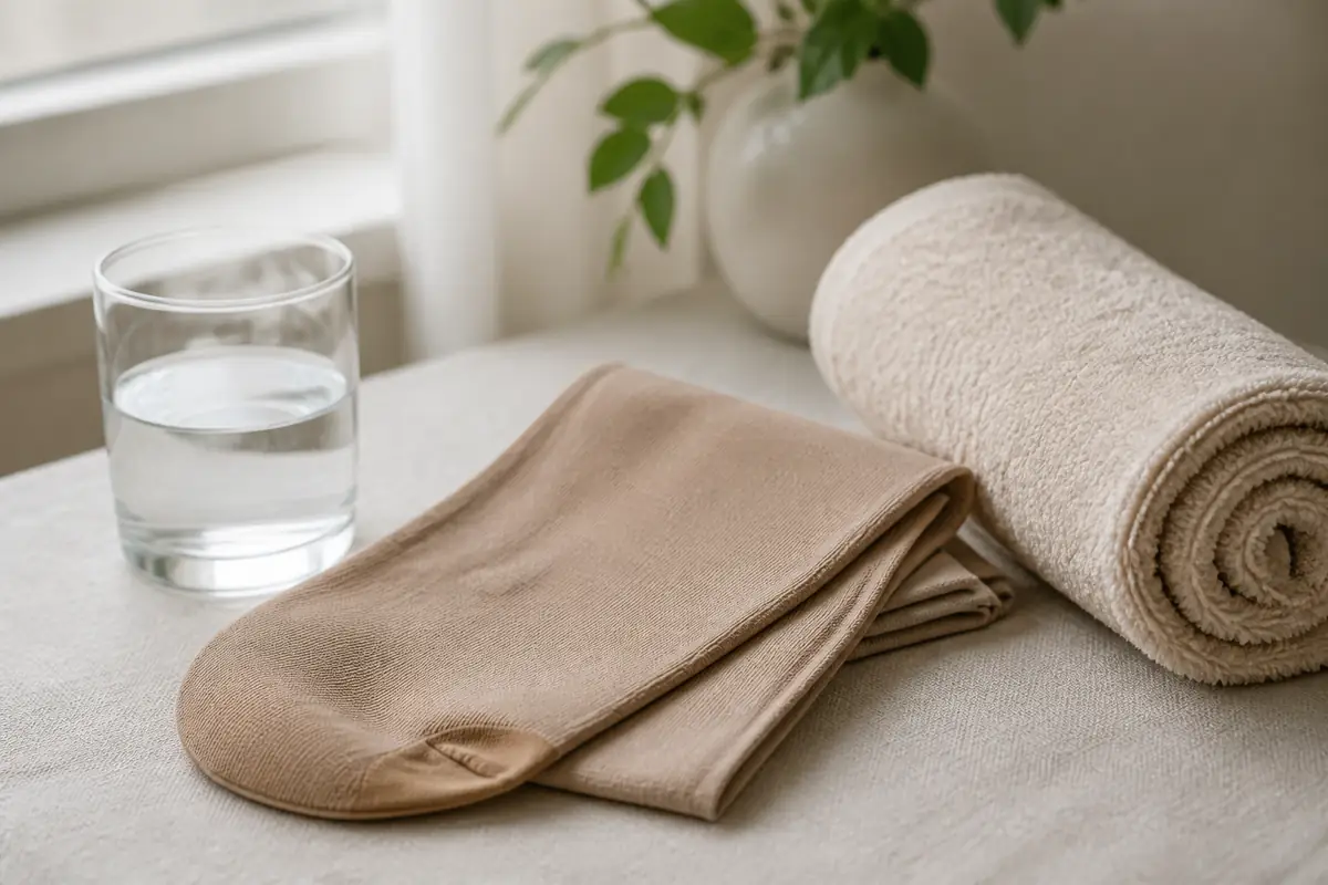 Bas de contention médicaux pliés sur une nappe en lin, à côté d'une serviette roulée