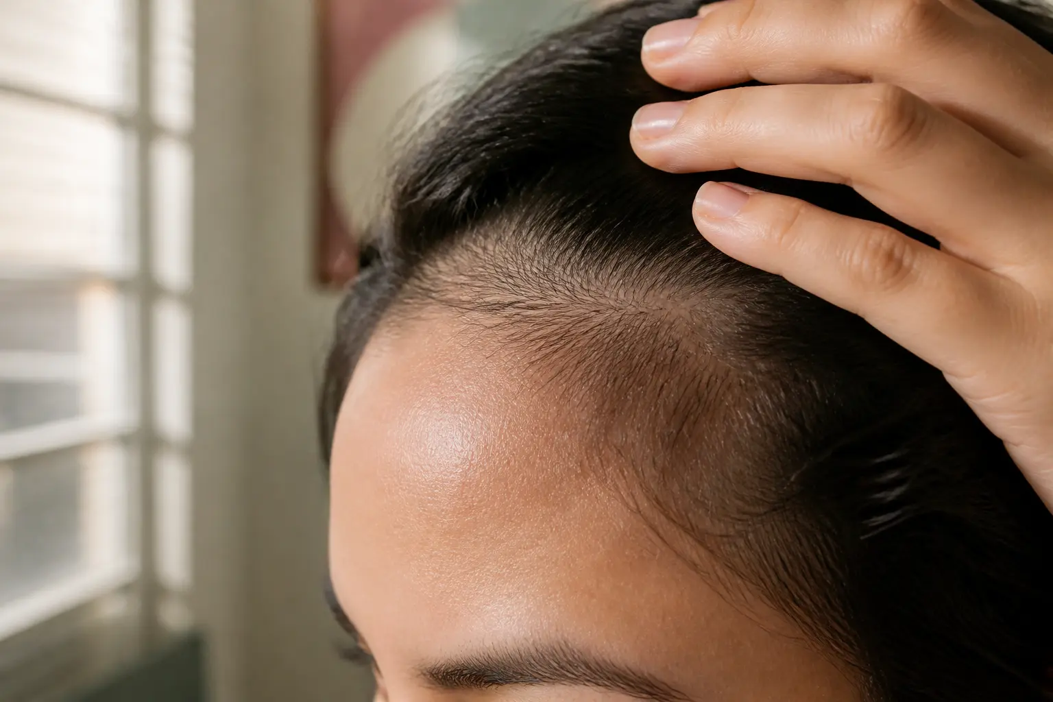 Gros plan réaliste sur des baby hair le long de la ligne des cheveux, près d’un miroir de salle de bain lumineux.