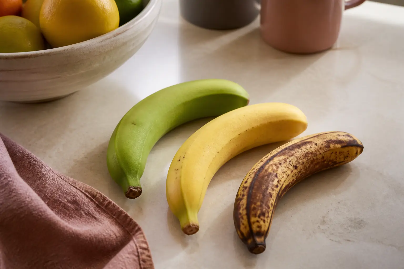 Trois bananes à différents stades de maturité sur un plan de cuisine, illustrant la banane constipation en contexte éditorial.