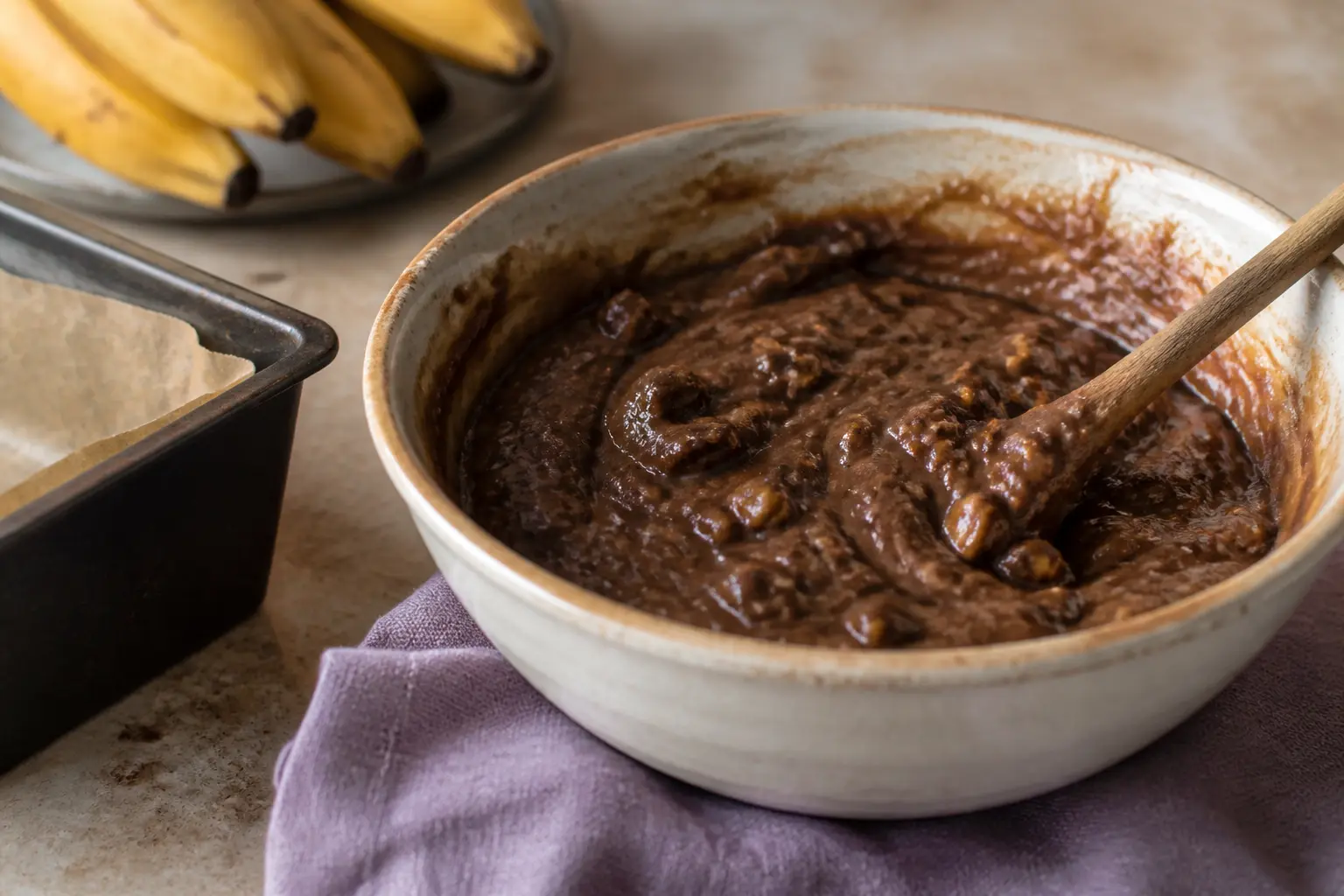 Cake banane chocolat en préparation dans un saladier, sur un plan de travail de cuisine, lumière naturelle chaude