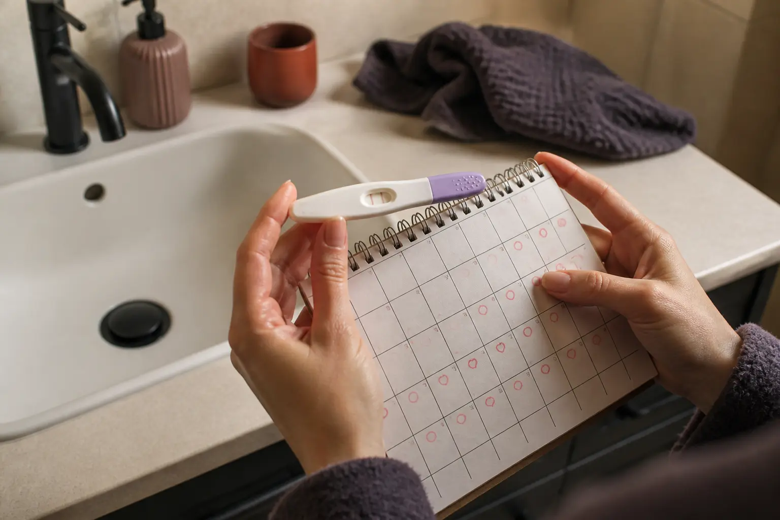 Mains tenant un test de grossesse et un calendrier menstruel dans une salle de bain, pour comment declencher les regles
