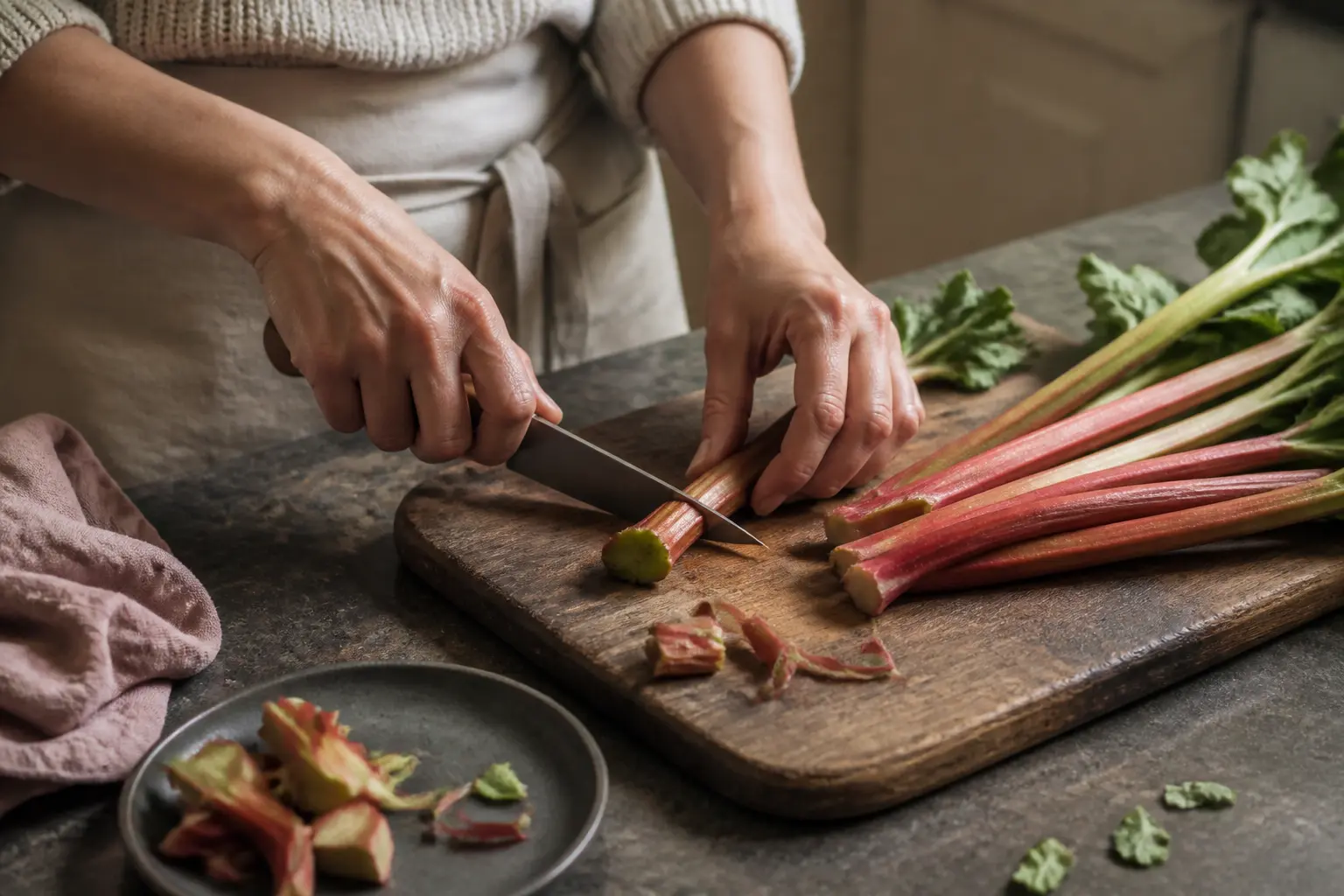 Préparation de la confiture de rhubarbe : tiges fraîches coupées sur un plan de travail de cuisine, vue rapprochée.