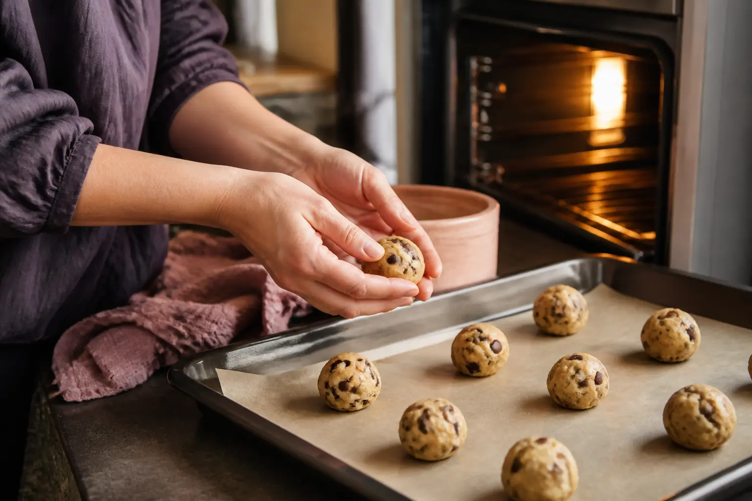 Préparation de cookies sans gluten sur plaque de cuisson, mains façonnant la pâte dans une cuisine chaleureuse
