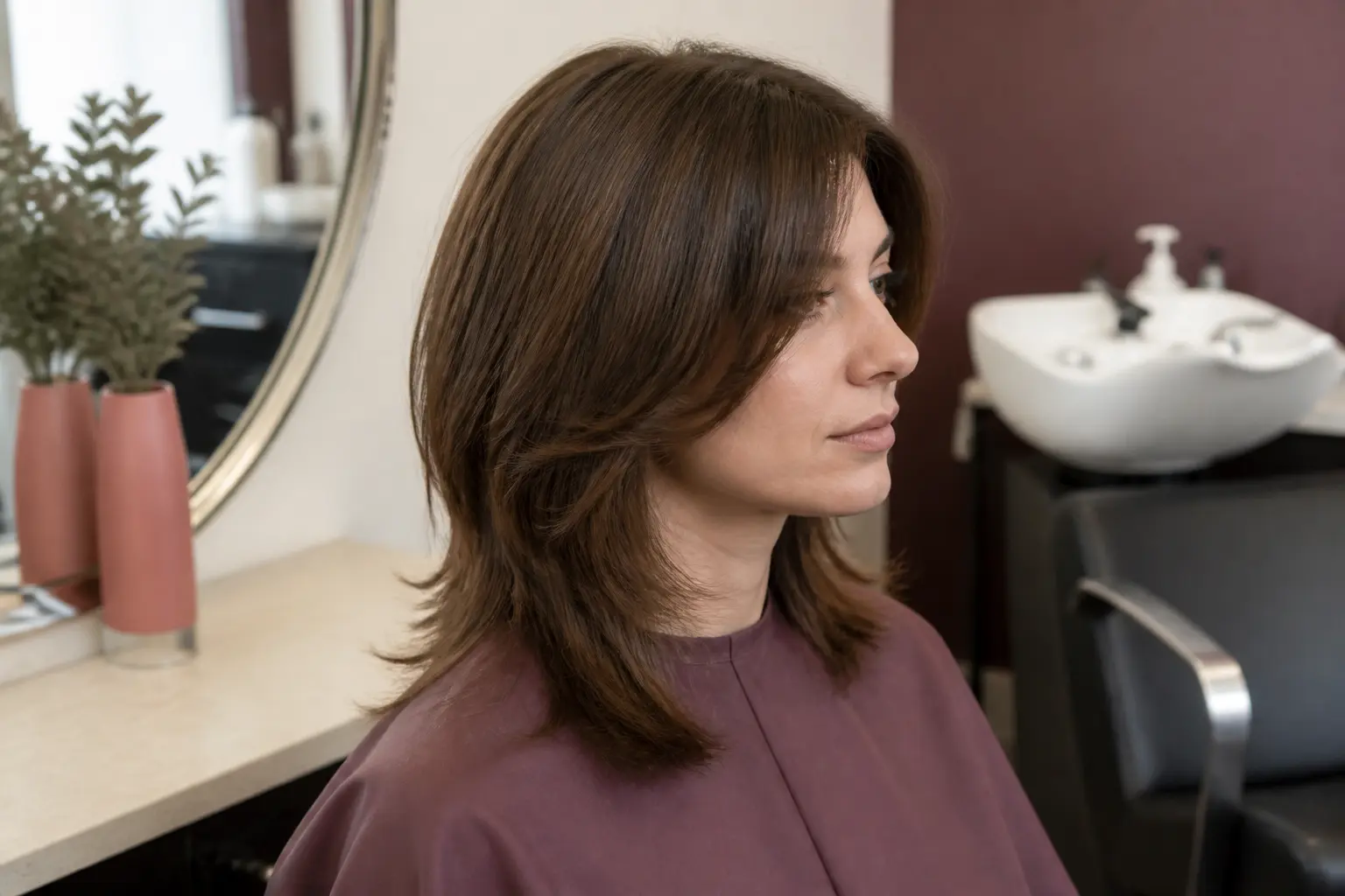 Coupe de cheveux mi long dégradé sur cheveux lisses, en salon, près d’un miroir, lumière naturelle douce.