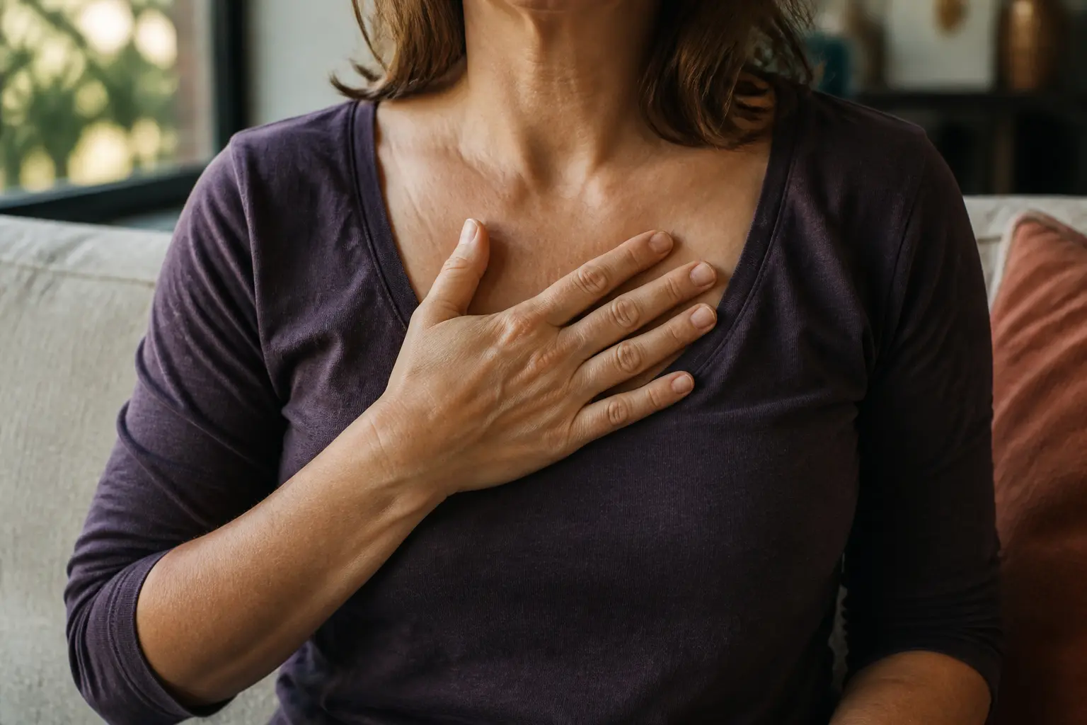 Main sur la poitrine dans un salon, respiration rapide, illustration des crises d'angoisses les 7 erreurs à éviter