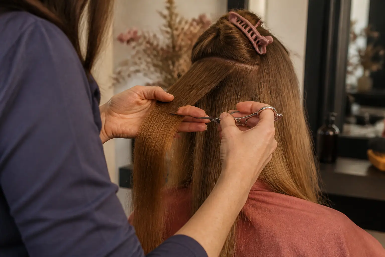 Coiffeur désépaissir cheveux avec ciseaux sur cheveux épais, salon lumineux, gros plan éditorial naturel
