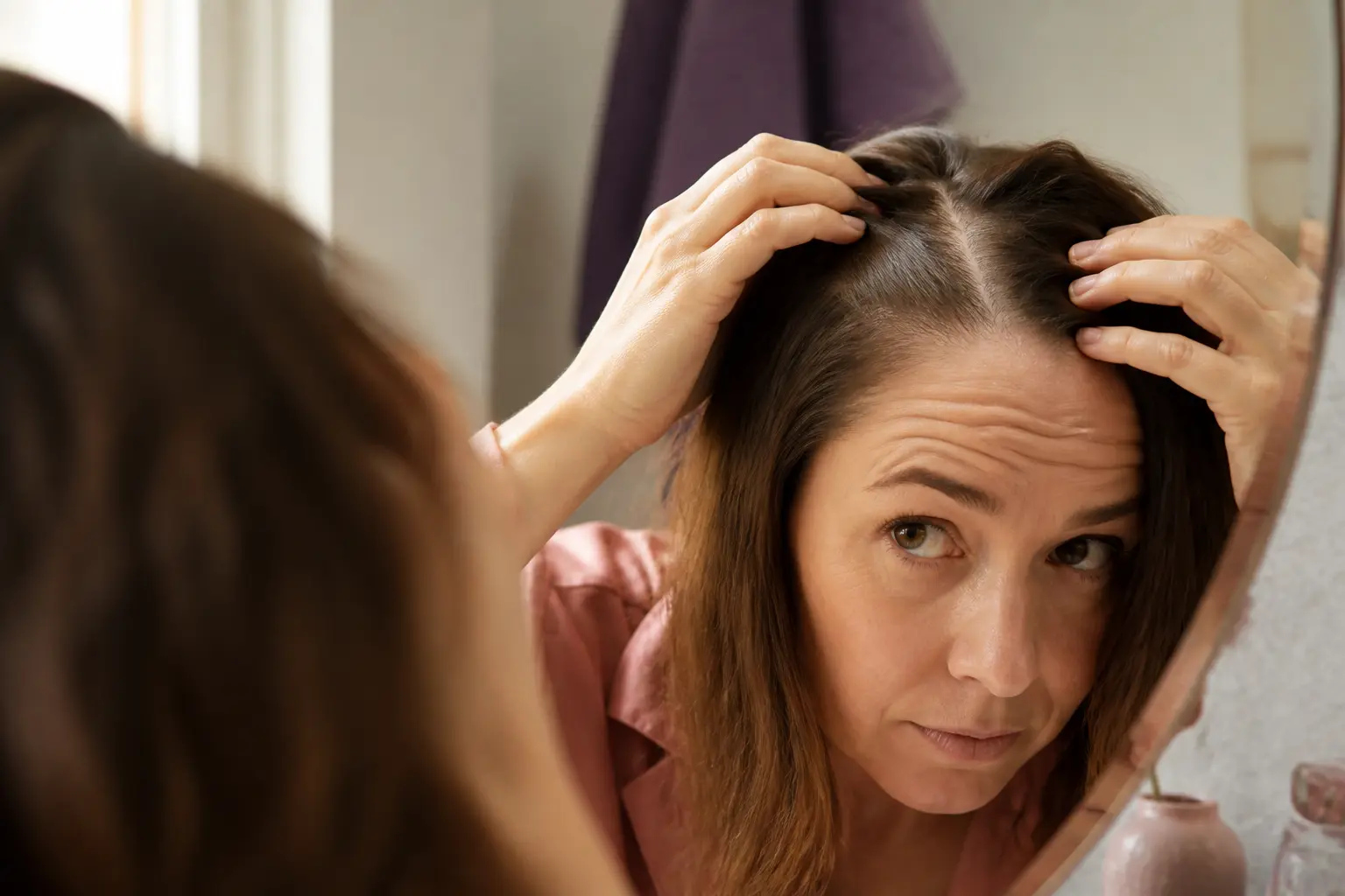 Femme perte de cheveux examinant sa raie qui s’élargit devant le miroir de la salle de bain, gros plan naturel