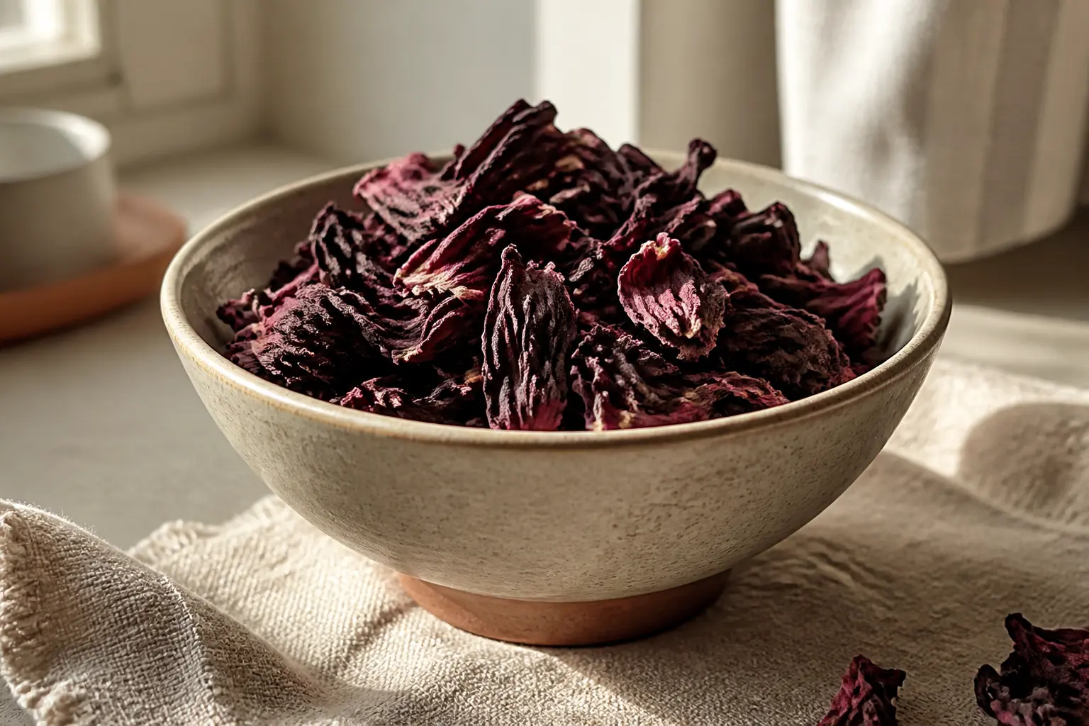 Fleur d'hibiscus séchée dans un bol en céramique sur un plan de cuisine ensoleillé, ambiance naturelle et chaleureuse