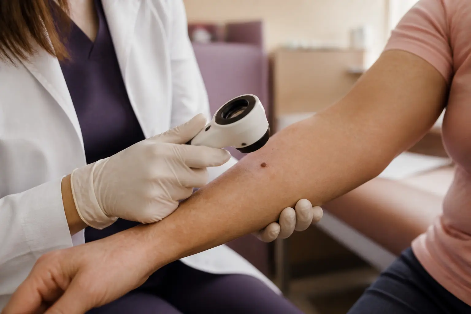 Dermatologue examinant un grain de beauté sur l’avant-bras en clinique, gros plan réaliste, lumière douce naturelle