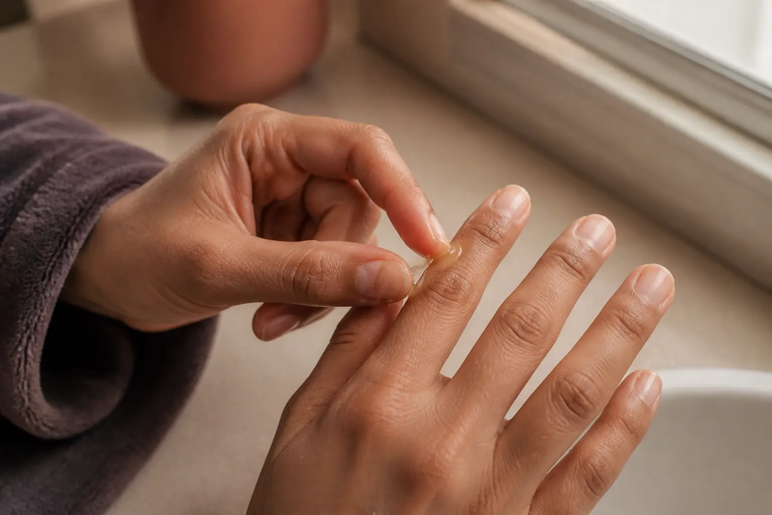 Application d’huile de ricin et ongle sur des ongles secs, gros plan naturel près d’un lavabo de salle de bain