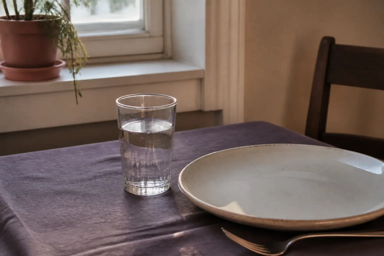 Verre d’eau et assiette intacte sur une table de cuisine, illustrant le jeûne hydrique dans une ambiance douce.