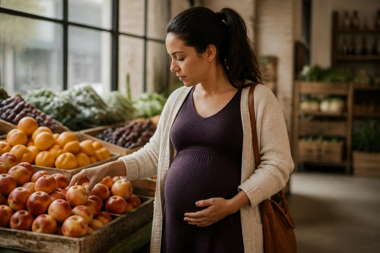 Femme enceinte choisissant des fruits au marché, illustration de les 3 fruits à éviter pendant la grossesse