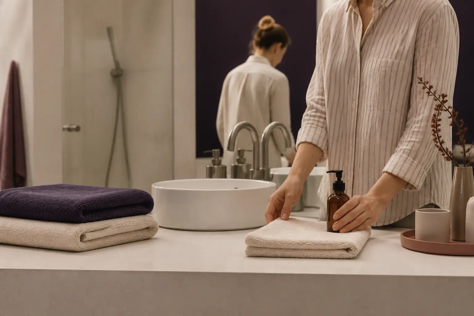 Salle de bain apaisée, mains rangeant serviette et flacon, illustrant lichen vulvaire et stress après la douche