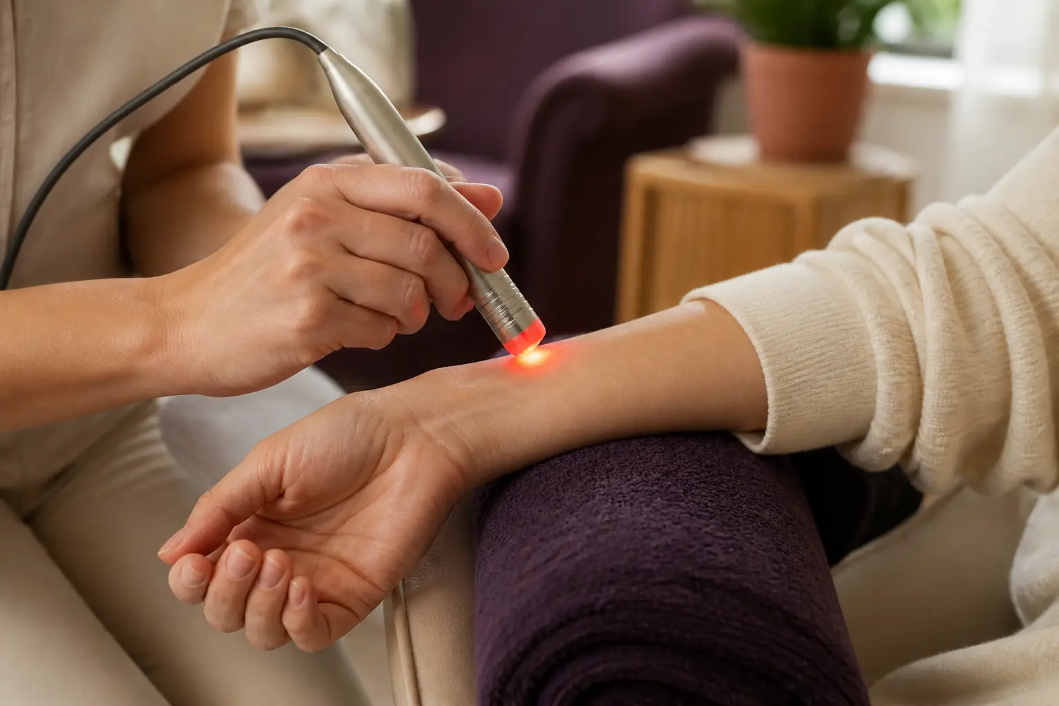 Séance de luxopuncture en gros plan sur l’avant-bras, avec sonde infrarouge dans une salle de soin bien éclairée