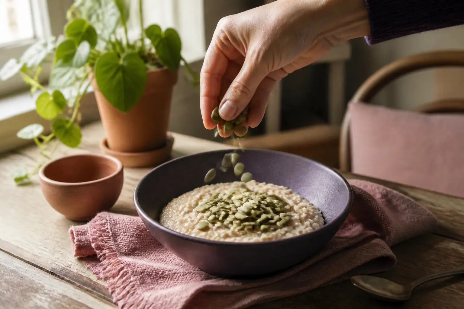 Main dans un bol de porridge avec graines de courge, illustrant magnesium dans quel aliment riche en magnésium.