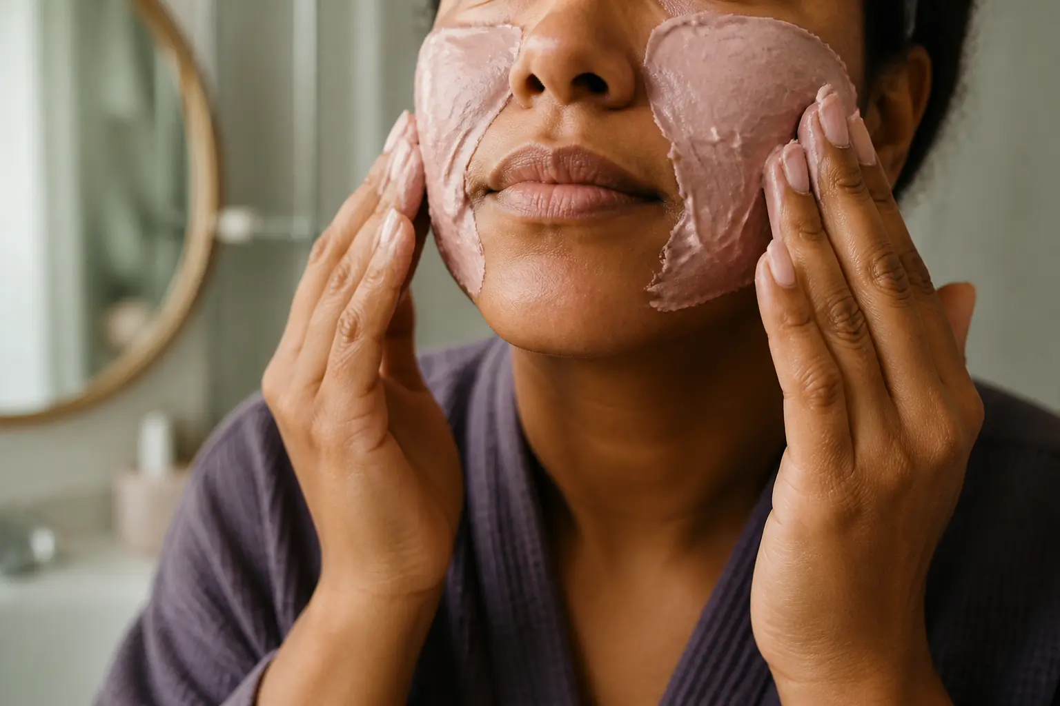 Mains appliquant un masque visage maison crémeux sur les joues, dans une salle de bain lumineuse et naturelle