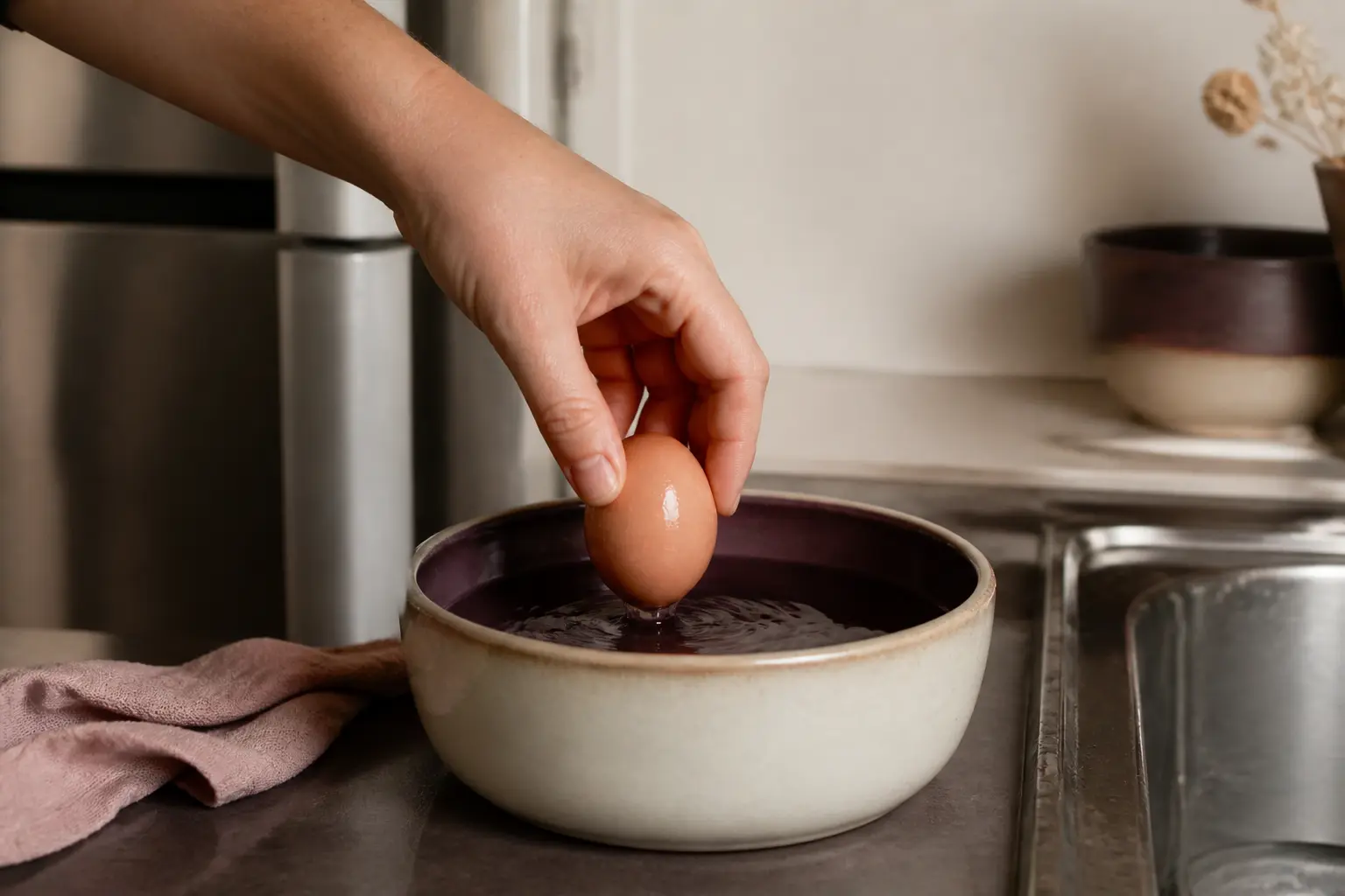 Main dans un évier, oeuf qui flotte dans un bol d’eau froide, cuisine lumineuse en gros plan.