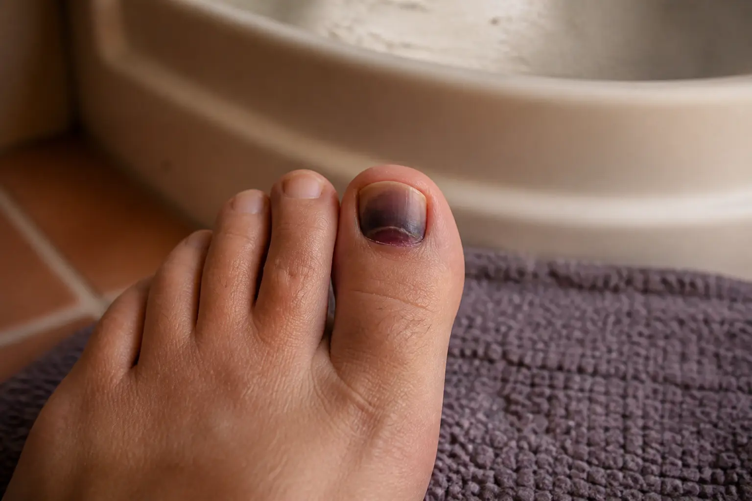 Gros plan réaliste d’un ongle noir du gros orteil, avec sang sous l’ongle, près d’un lavabo sur un sol de salle de bain.