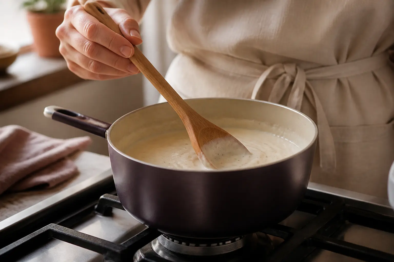 Dans une cuisine, une main remue une sauce crémeuse en casserole, idée pour par quoi remplacer la creme fraiche