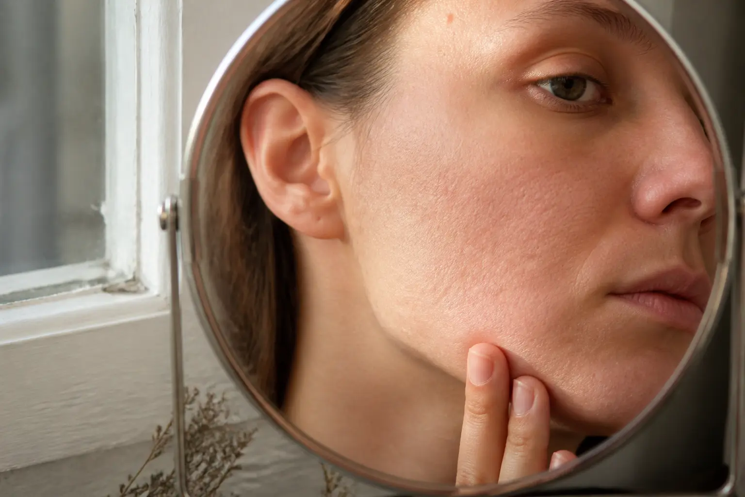 Gros plan réaliste sur une peau visage granuleuse au niveau de la joue et de la mâchoire, lumière douce de salle de bain